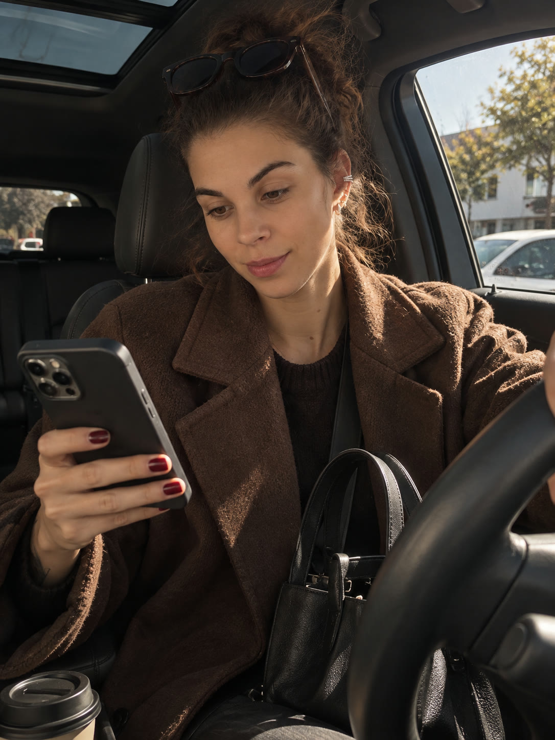 Cátia no carro, a ver o telemóvel