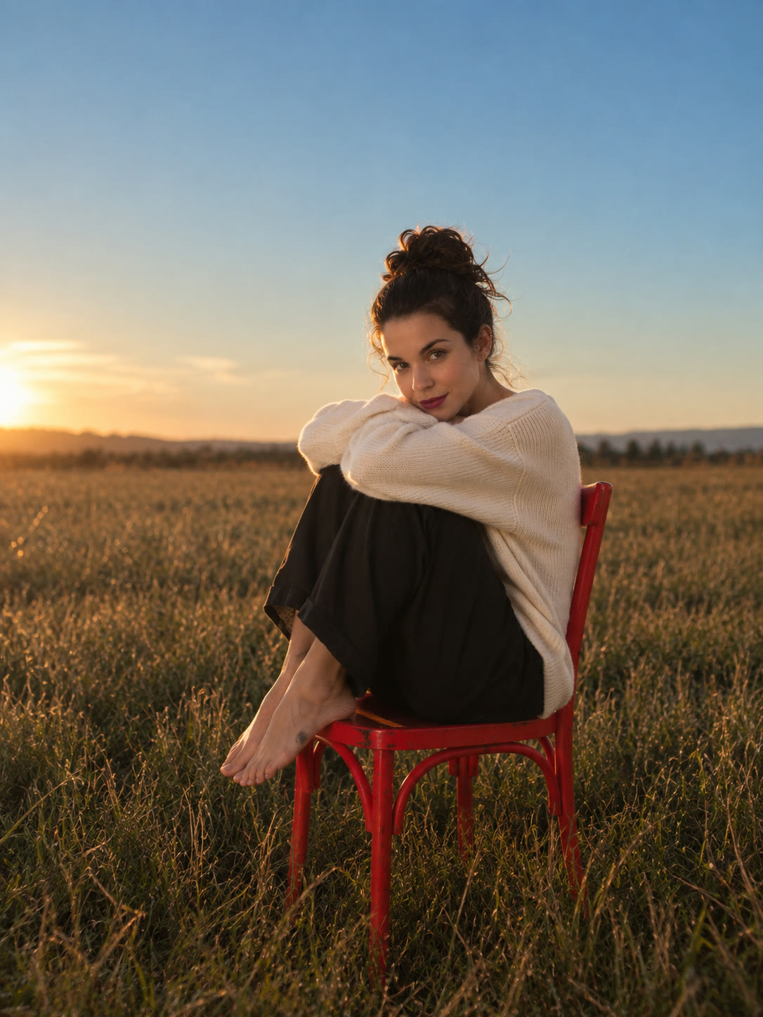 Cátia sentada numa cadeira vermelha num campo ao pôr do sol